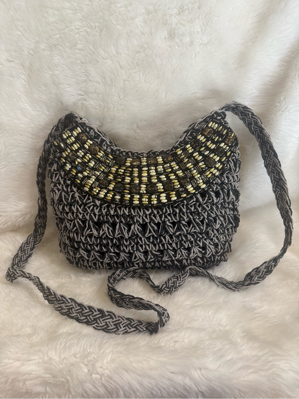 Vintage Sun’N’Sand Beaded Woven Crossbody Boho Shoulder Bag Black Cream